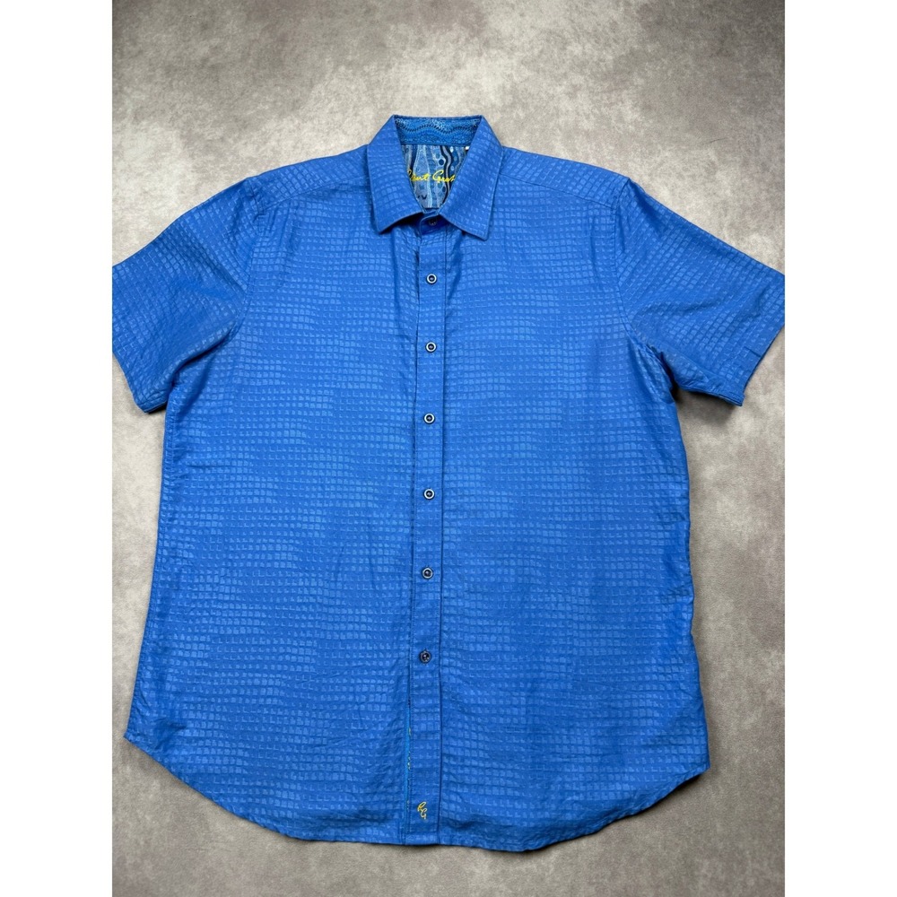 Robert Graham Men L Blue Linen Blend Textured Short Sleeve Button Camp Shirt